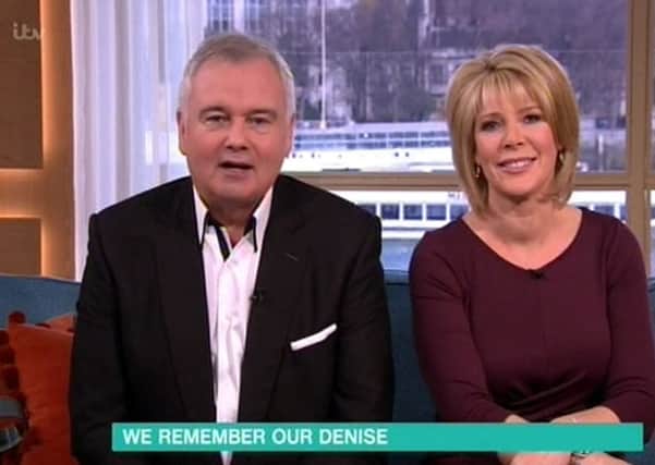 This Morning presenters Eamonn Holmes and Ruth Langsford paying tribute to This Morning's agony aunt Denise Robertson, who has died aged 83 following a short battle with pancreatic cancer. Photo: ITV/PA Wire