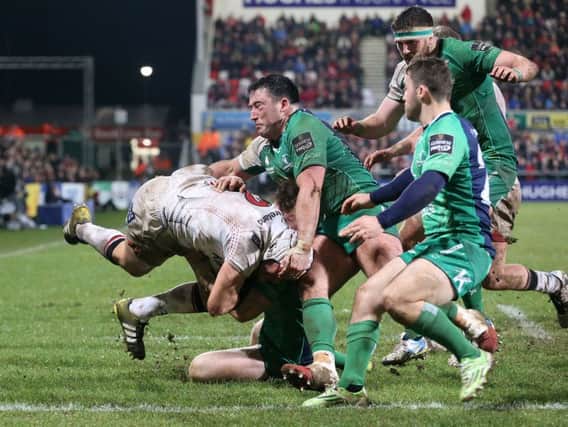 Ulster's Rory Best  and Connacht's Matt Healy during Friday night's Guinness PRO 12 match at the Kingspan Stadium, Ravenhill Park.
 Picture by Brian Little/Presseye