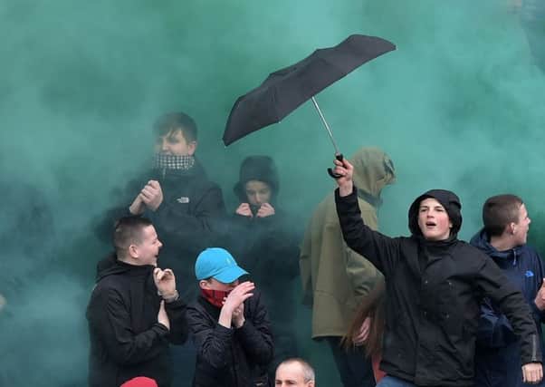 PACEMAKER BELFAST  02/04/2016
Linfield v Lurgan Celtic JBE Irish Cup semi final.
Lurgan Celtic fans during todays game at the National Stadium in Belfast.
Photo Charles McQuillan/Pacemaker Press