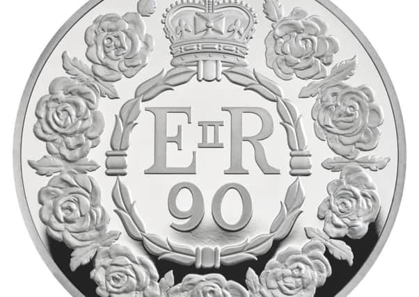 The new Â£5 coin minted by the Royal Mint to mark the Queen's 90th birthday
