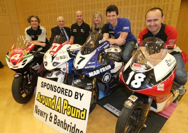 Malachi Mitchell-Thomas (Burrows Engineering Suzuki), Ryan Farquhar (IEG BMW), Dan Kneen (Mar-Tain Yamaha) and Paul Robinson (CB Racing Aprilia) are pictured with Ian and Anne Forsythe from the Tandragee 100 at the race launch