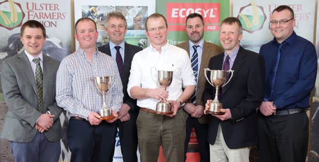 Pictured are the winners of the UFU Annual Silage Awards sponsored by John Thompson and Sons and Ecosyl. Back row:  Derek Nelson, Ecosyl (Volac International, sponsor), Barclay Bell, (UFU Deputy President), Jonathan McCaughan (John Thompson and Sons sponsor) and Alistair Boyle (CAFRE).  Front row: Alan Wallace of the South Antirim Group (first place, Alternative Forage), Harold Johnston of the West Antrim Group (first place, Dairy), and Michael and Tony Griffith of the North Down Group (first place, Beef and Sheep)