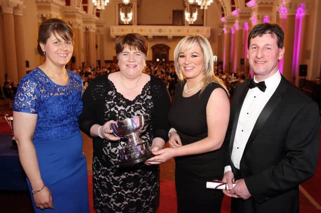 The UFU South Tyrone Group was awarded the Mary Wilson Trophy for the best overall UFU group performance in 2015. Pictured accepting the trophy is Alison Donaldson and Denise Kelso of the UFU South Tyrone Group with Minister ONeill and Wesley Aston, UFU Chief Executive.