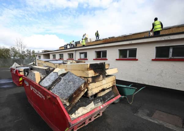 The scene after a fire broke on the roof of Holy Child primary school on Central Drive, Creggan