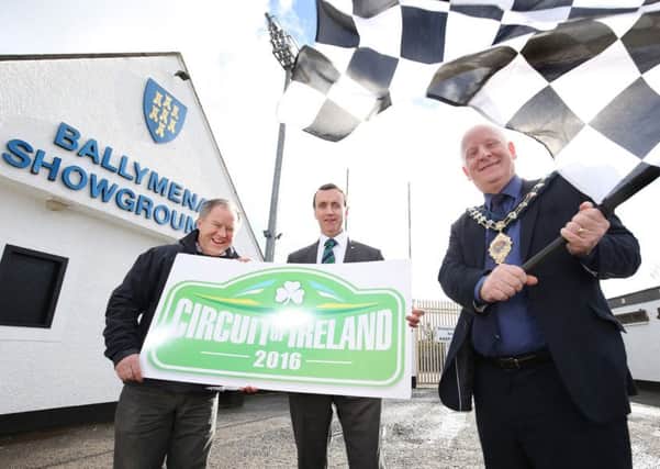Seasoned rally enthusiast John Mulholland (centre) joined Mayor Billy Ashe (right) and Circuit of Ireland Event Director Bobby Willis (Left) to announce that the 2016 Circuit of Ireland Rally will begin its competitive stages in Mid and East Antrim Borough on Friday 8th April.Picture: Press Eye.