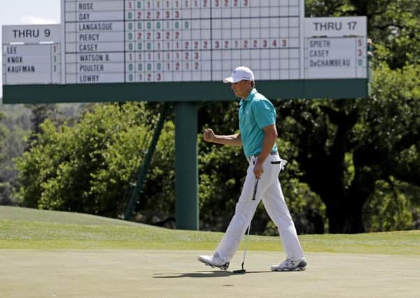 Jordan Spieth punches the air after a birdie on the 18th hole during the first round of the Masters golf tournament Thursday, April 7, 2016, in Augusta, Ga. (AP Photo/Matt Slocum)