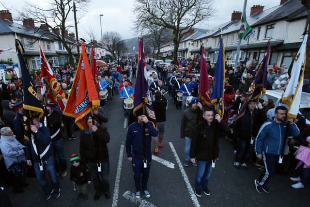 Loyalists gather in on Twaddell Avenue in Belfast, for the 1000th day of the Twaddell protest camp