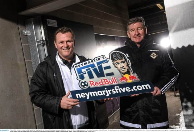 Northern Ireland football legends Jim Magilton, left, and Norman Whiteside at the launch of Red Bull Neymar Jrs Five, a unique knockout 5 a side football tournament with a difference.  Picture credit: Ramsey Cardy / SPORTSFILE