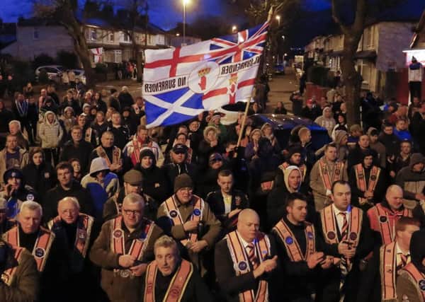 Orangemen at last week's parade to mark 1,000 days of the Twaddell protest