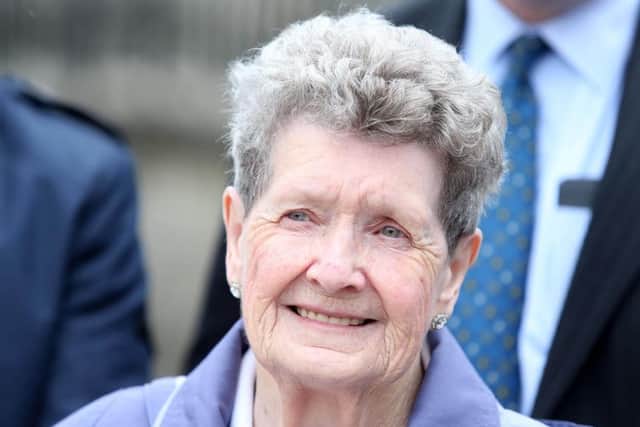 Press Eye - Belfast - Northern Ireland - 6th April 2016

88-year-old Bea Worton, whose son was killed in the Kingsmill massacre, pictured outside the High Court in Belast where she was seeking leave to appeal the naming of a playwark in Newry named after hunger striker Raymond McCreesh.  See copy by Alan Erwin

Picture by Jonathan Porter/PressEye