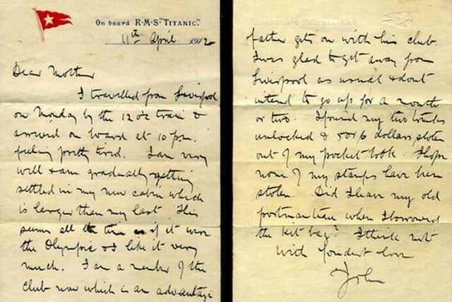 A letter from a passenger onboard the ill-fated Titanic, assistant surgeon Dr John Simpson, to his mother, dated April 11 1912, describing how he was settling in well into his larger than expected cabin accommodation