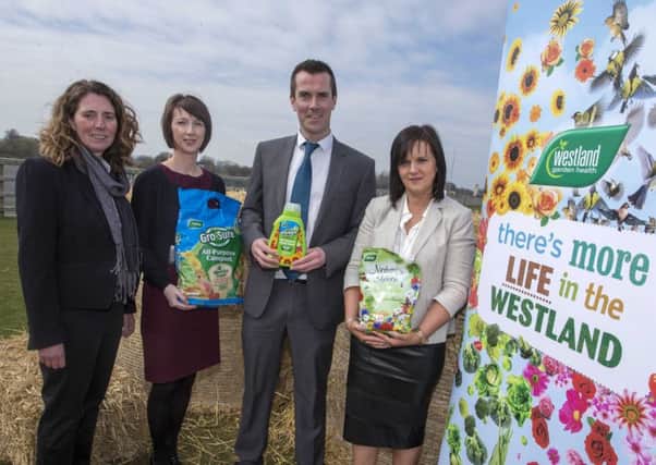 Mary Campbell and Dympna Carron, Westland Horticulture along with Jilly Dougan, Edible Gardens and David Laidlaw, RUAS celebrate the announcement of Westland Horticultures  Garden Village sponsorship and the addition of an edible garden at the Balmoral Show 2016.