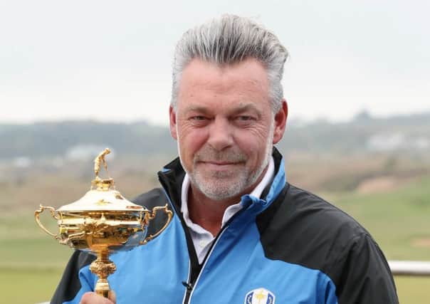 European Ryder Cup captain Darren Clarke and the Ryder Cup trophy pictured at Royal Portrush GC in Co. Antrim