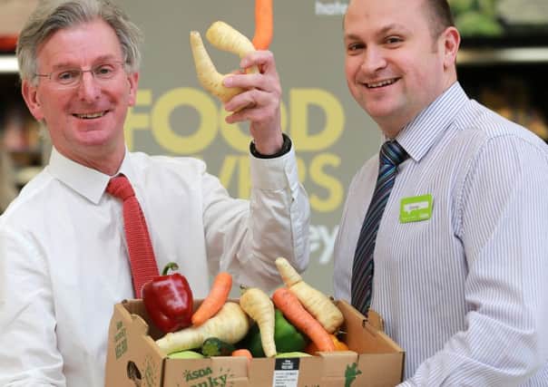 Asdas Wonky Veg Box, which will be available in its Northern Ireland stores this week, is welcomed by Dr Ian Garner of the Love Food Hate Waste Campaign and George Rankin, Senior Director for Asda NI.