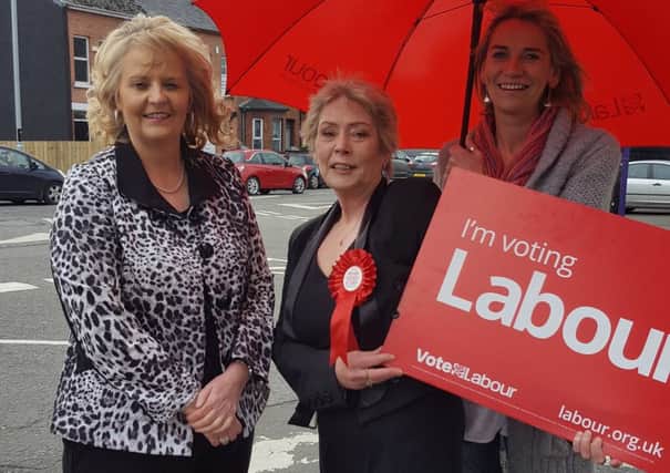 Kathryn Johnston (centre) with supporters after submitting her nomination papers for the Assembly election