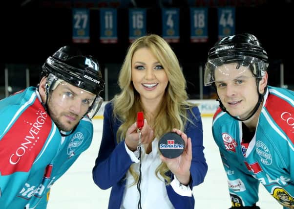Adam Keefe and Craig Peacock of the Stena Line Belfast Giants join Meagan Green to launch the Stena Line Belfast Giants Cruise on April 16.