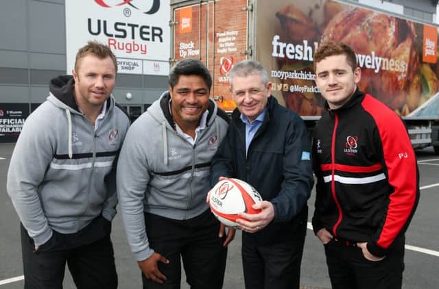 Leading food company, Moy Park has branded three of its lorries with new livery as part of its on-going partnership with Ulster Rugby.  Pictured (left to right) are Roger Wilson, Nick Williams, Paul Burch, Moy Park Director of Sales and Paddy Jackson.