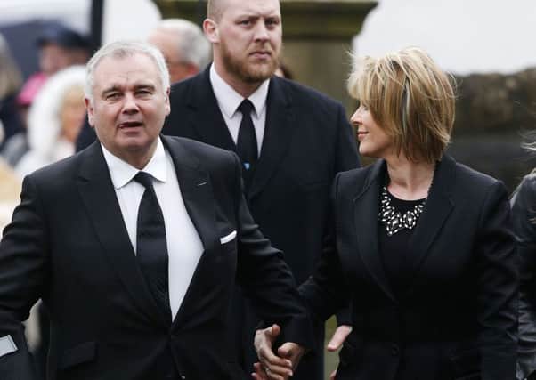 This Morning presenters Eamonn Holmes and wife Ruth Langsford arrive for the funeral of TV agony aunt Denise Robertson at Sunderland Minster