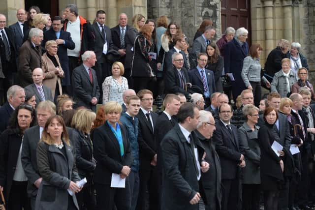 Pacemaker Press 13/4/2016 
Mourners  during the funeral of Lesley-Ann McCarragher, 19,  at First Presbyterian Church, Armagh  Lesley-Ann McCarragher was knocked down while out jogging on the Monaghan Road in Armagh on Saturday.  A 17-year-old  boy has appeared in Court charged with dangerous driving.
Pic Colm Lenaghan/ Pacemaker