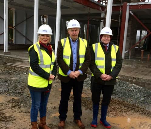 Minister Michelle O'Neill views the construction site of the new Rivers Agency HQ at Loughry College, Cookstown along with Peter Quinn of QMac and Shaun Donnelly of Rivers Agency