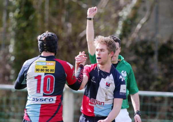 Harlequins' David McMaster (right) celebrates after he scores a try against Ballymena