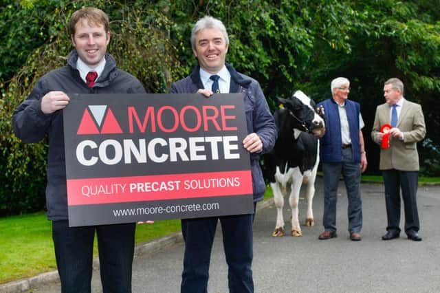 Outling plans for Holstein NI's April show and sale at Moira are Jeff Haslett, Moore Concrete, and committee member Stuart Smith. Pictured in the background are club member David Perry and auctioneer Michael Taaffe. Picture: Columba O'Hare/Fotacol