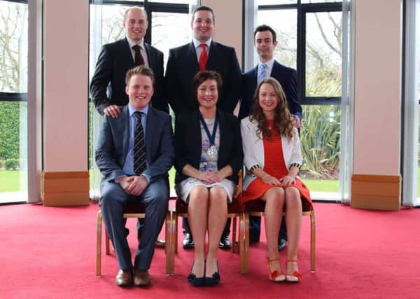 Pictured is the new presidential team at the YFCU AGM and conference, (L-R) Vice President, David Oliver, Dungiven YFC; Vice President, Brooks Allen, Collone YFC; Vice President, Harry Crosby, Spa YFC. Front row (L-R) Deputy President, James Speers, Collone YFC; President, Roberta Simmons, Rathfriland YFC and Vice President Zita Blair, Moneymore YFC.