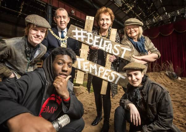 Belfast is getting ready to stage the largest Shakespeare production ever to be seen in the city, Belfast Tempest. Pictured at rehearsals are Adam Kaleta (backl left), Lord Mayor Arder Carson,  ACNI Chief Executive Roisin McDonough, June Jordan, Philip Udoh, ( front left) and Katie Varga. Picture:  Brian Morrison.