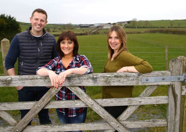 Gavin Andrews and Jo Scott, presenters of Home Ground, with series reporter Ruth Sanderson, on location during filming for the new six-part series which begins on BBC One Northern Ireland on Monday 25 April at 7.30pm