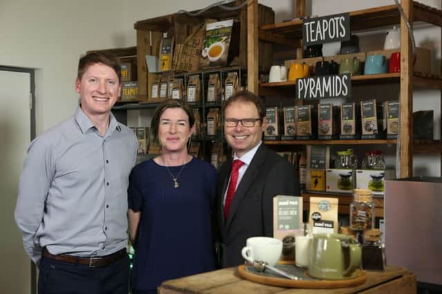 Annie Irwin and Oscar Woolley, co-founders of Suki Tea with Richard Caldwell, managing director of Business Banking at Danske Bank