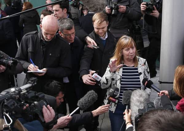 Chair of the Hillsborough Families Support Group, Margaret Aspinall, speaks to the media outside the Hillsborough Inquest in Warrington, where the inquest jury concluded that the 96 Liverpool fans who died in the Hillsborough disaster were unlawfully killed