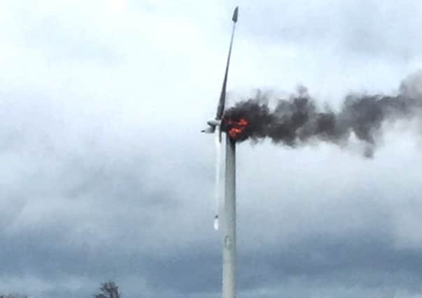 The burning wind turbine at Derrykeighan, a few miles east of Coleraine