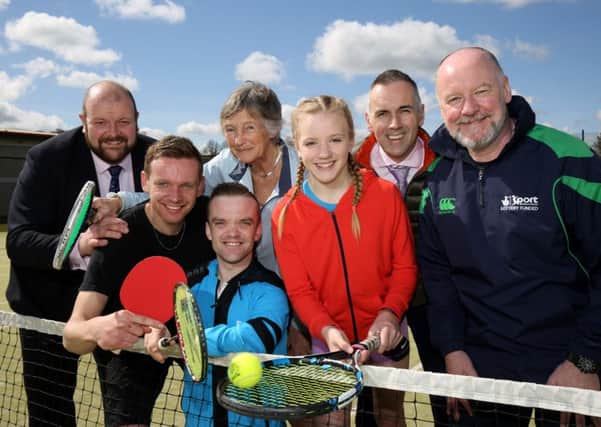 Councillor Mark Baxter, Chair of Leisure and Community Services Committee from Armagh City, Banbridge and Craigavon Borough Council; Aleksander Bartusik, Table Tennis Ulster; Niall McVeigh, Para-Badminton World & European Champion; competitor Hilda Macbride, Lisburn Racquets; Amber Young, U14 Ulster Tennis Academy player; John News, Participation Manager Sport NI; Nick Rusk Every Body Active 2020 Coach