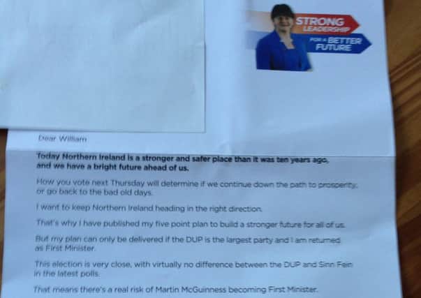 Part of the DUP letter sent out in North Belfast