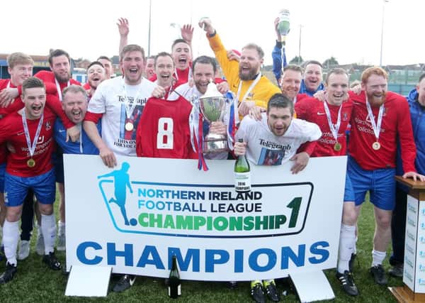 Ards celebrate winning the NIFL Championship and promotion to the Danske Bank Premiership