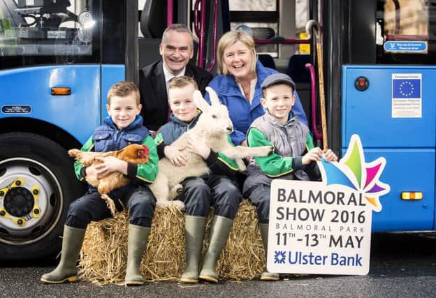 Sam, Eddie and Matthew Mercer travel with Ruby the Hen and Louie the lamb to announce Translinks special bus, coach and train transport plans for this years Balmoral Show. Also pictured are Translink Group Chief Executive Chris Conway and RUAS Operations Director Rhonda Geary.