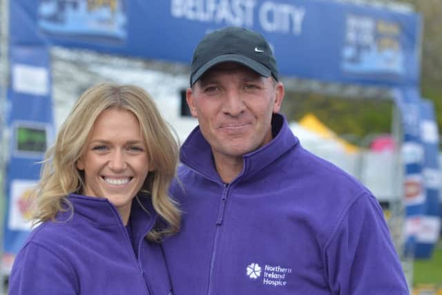 Former Liverpool manager Brendan Rodgers with his fiance  Charlotte Searle, formerly Hind, after  taking  part in the Belfast marathon 2016 (for the Northern Ireland Hospice). Photo Colm Lenaghan/Pacemaker