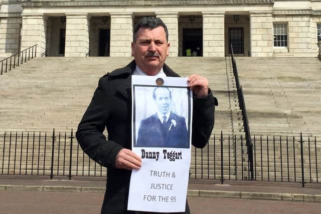 John Teggart, whose father Danny was among 10 people shot dead by British Paratroopers in west Belfast in August 1971, protests at a hold-up in implementing a judicial plan to speed up the process of hearing legacy inquests outside Parliament Buildings in  Stormont, Belfast