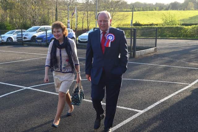 Traditional Unionist Voice leader  Jim Allister and wife Ruth one of the first to vote at Kells and Conner Primary School, Northern Ireland