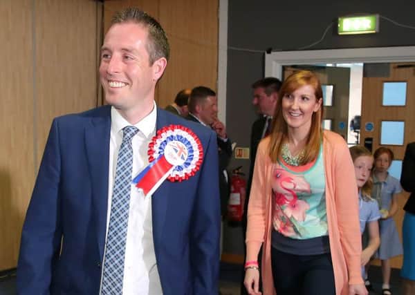 Lagan Valley Centre. 

DUP's Paul Givan and his wife Emma.

Photograph: Declan Roughan