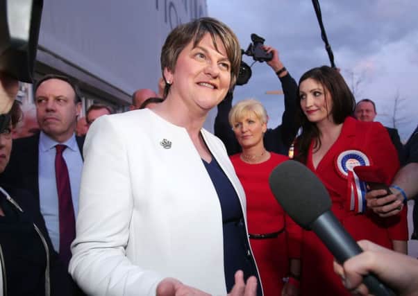 Arlene Foster arrives at the Belfast count on Friday night