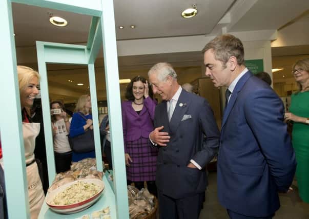 The Prince of Wales and actor James Nesbitt look at the Glens of Antrim Potatoes stall, during a visit to Fortnum and Mason, London, to celebrate the Northern Ireland Year of Food and Drink