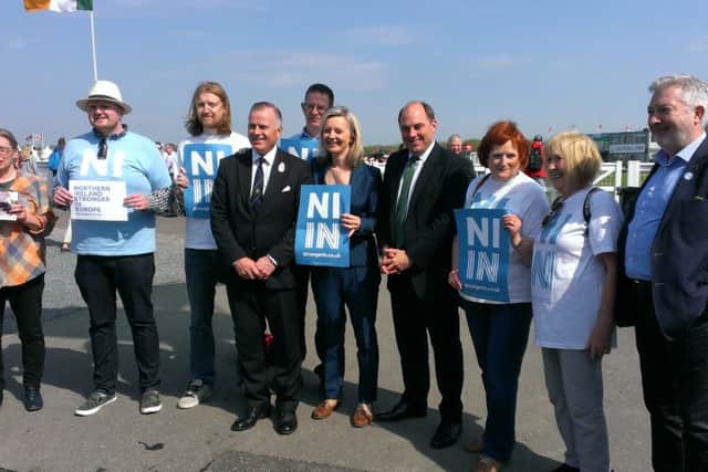 Liz Truss (centre, holding a leaflet) campaigning for the UK to remain in the EU at the Balmoral Show