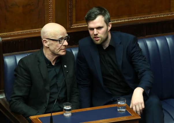 Eamonn McCann and Gerry Carroll on their first day in the Assembly