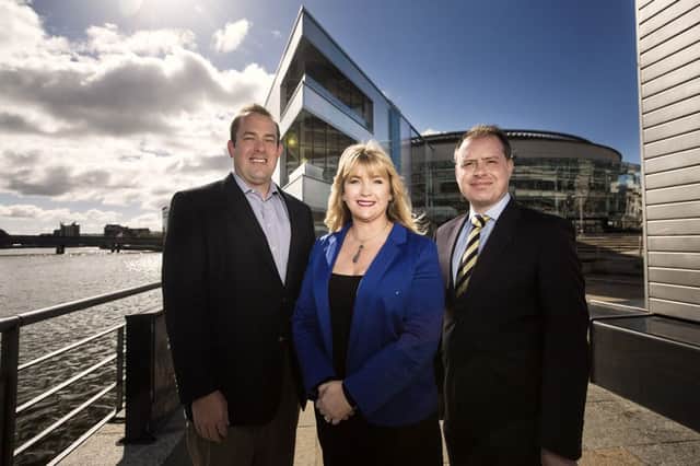 Celine McStravick of the NCB with Justin Miklas, left, and Adam Luecking, executive vice president and CEO respectively of the Results Leadership Group pictured in Belfast prior to the conference