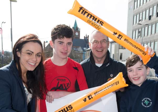 At the launch of the 2016 firmus energy Kids' TRYathlon are (from left): Angeline Murphy, firmus energy; Eoin Taylor; Adrian Kelly, Race Directorand Ruairi Taylor.
