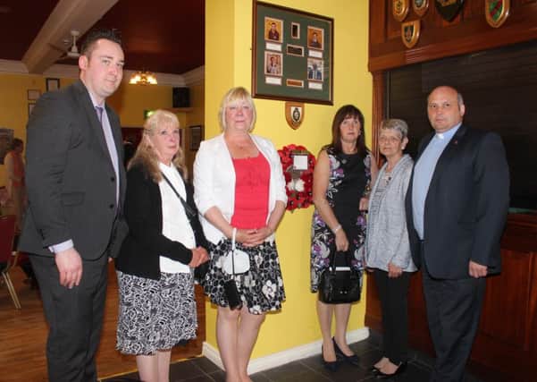 The four women who unveiled the plaque at the Royal British Legion to the 1984 soldier victims of the IRA Enniskillen bomb Kathleen Martin (sister of Clive Aldridge), Annette Gallimore (widow), Christine Huggins (widow) and Sheila Agar (widow), along with (far left) Kenny Donaldson, SEFF's Director of Services and, on the right, Rev Alan Irwin (who officiated)
