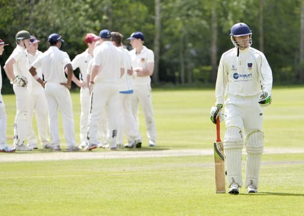 Saintfield's Paddy Telford is congratulated after bowling out CSNI's Dillon Agnew