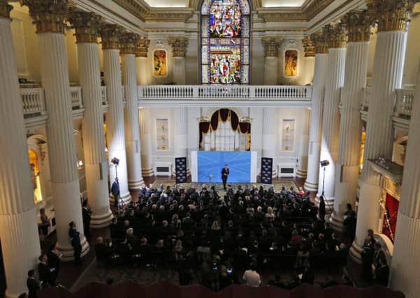 Prime Minister David Cameron addresses members of a World Economic Forum at the Mansion House in London, during which he dismissed claims by the Leave camp that quitting would lead to a bonfire of regulations as "very, very weak" and insisted three million jobs were linked to membership