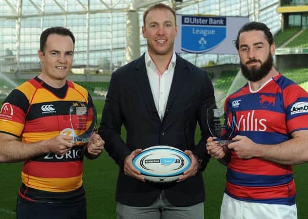 From left to right, Scott Deasy, Lansdowne, Division 1A Top Points Scorer, Stephen Ferris, Ulster Bank Ambassador, and Mick McGrath, Clontarf, Division 1A Top Try Scorer